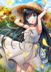 Rule 34 | 1girl, :d, absurdres, armpits, black hair, blue eyes, blue sky, breasts, cleavage, cloud, collarbone, commentary, day, dress, feet out of frame, flower, grass, hair blowing, hand on headwear, hat, hat ribbon, highres, huge filesize, kohaku muro, leaf, long hair, looking at viewer, open mouth, original, outdoors, petals, ribbon, sidelocks, sky, small breasts, smile, solo, standing, straw hat, summer, sun hat, sundress, sunflower, very long hair, white dress