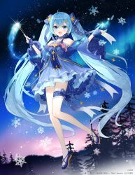 1girl bare_shoulders blue_eyes blue_gloves blue_hair blue_shoes commentary conductor_baton dawn fingerless_gloves flying frilled_thigh_strap full_body fuumi_(radial_engine) gloves glowing_snowflake hatsune_miku holding_baton long_hair long_sleeves looking_at_viewer magic midair mountainous_horizon night night_sky official_art open_mouth outdoors shoes sky smile snowflakes solo thigh_strap tree twintails very_long_hair vocaloid wide_sleeves yuki_miku yuki_miku_(2017)