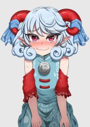 Rule 34 | 1girl, bare shoulders, blue dress, blush, cowboy shot, curly hair, detached sleeves, dress, earrings, grey background, highres, horns, jewelry, looking at viewer, medium hair, nervous smile, nose blush, pointy ears, red eyes, silver hair, simple background, smile, solo, swept bangs, touhou, toutetsu yuuma, tsuchinokonoko, wavy mouth