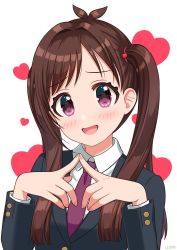 Rule 34 | 1girl, ant, blazer, blunt ends, blush, brown hair, bug, commission, heart, highres, idolmaster, idolmaster cinderella girls, insect, jacket, looking at viewer, necktie, own hands together, red eyes, red necktie, school uniform, simple background, skeb commission, smile, solo, tsujino akari, twintails, upper body, wgm oekaki