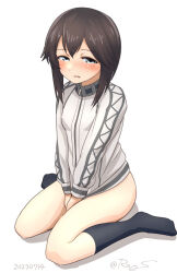 Rule 34 | 1girl, black hair, black socks, bottomless, dated, full body, grey eyes, hayasui (kancolle), jacket, kantai collection, looking at viewer, ray.s, short hair, simple background, sitting, socks, solo, track jacket, twitter username, v arms, wariza, white background, white jacket