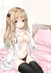 Rule 34 | 1girl, bad id, bad pixiv id, bed, black panties, black thighhighs, blush, breasts, brown hair, cat hair ornament, cleavage, collared shirt, commentary request, groin, hair between eyes, hair ornament, hand up, indoors, long hair, long sleeves, looking at viewer, medium breasts, nanase nao, navel, no bra, on bed, open clothes, open shirt, original, panties, parted lips, pillow, red eyes, shirt, sitting, sleeves past wrists, smile, solo, thighhighs, underwear, white shirt