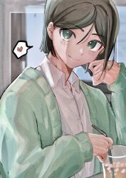 Rule 34 | 1boy, black hair, blush, closed mouth, collared shirt, cup, drink, fate/zero, fate (series), green eyes, green sweater, heart, highres, holding straw, long sleeves, looking at viewer, male focus, shirt, short hair, smile, speech bubble, spoken heart, sweater, tokoni fusu, waver velvet, white shirt