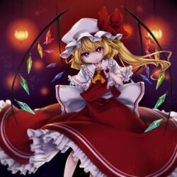 Rule 34 | 1girl, adapted costume, ascot, back bow, blonde hair, blurry, blurry background, bow, capelet, closed mouth, collared shirt, crystal, depth of field, feet out of frame, finger to mouth, flandre scarlet, frilled capelet, frilled shirt collar, frilled skirt, frilled sleeves, frills, hat, hat bow, hat ribbon, head tilt, highres, index finger raised, lantern, large bow, light smile, long hair, looking at viewer, mob cap, multicolored wings, one side up, purple background, red bow, red eyes, red ribbon, red skirt, red vest, ribbon, seru (cell 495), shirt, short sleeves, skirt, skirt set, solo, touhou, vest, white bow, white capelet, white hat, white shirt, wings, wrist cuffs, yellow ascot