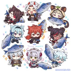 Rule 34 | 4boys, 5girls, :&lt;, :3, :d, :o, @ @, animal, animal ear fluff, animal ears, aqua hair, arataki itto, beidou (genshin impact), blunt bangs, brown hair, cat boy, cat ears, cat girl, cat tail, chibi, chongyun (genshin impact), closed eyes, closed mouth, commentary, dark-skinned female, dark skin, diluc (genshin impact), english commentary, eula (genshin impact), facepaint, fangs, fire, fish, flying sweatdrops, genshin impact, gloves, grey hair, hair between eyes, holding, holding animal, holding fish, hood, hood up, kemonomimi mode, leaf, leaf on head, long hair, long sleeves, looking at viewer, low ponytail, luxurious sea-lord, multicolored hair, multiple boys, multiple girls, musical note, noelle (genshin impact), open mouth, orange hair, partially fingerless gloves, paw print, razor (genshin impact), red hair, sayu (genshin impact), scar, scar on face, short hair, short sleeves, sidelocks, simple background, sleeping, smile, sparkle, streaked hair, sumipic, sweat, tail, tuna, twintails, twitter username, white background, xinyan (genshin impact), zzz