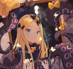 Rule 34 | 1girl, abigail williams (fate), black bow, black dress, black hat, blonde hair, blue eyes, bow, breasts, dress, fate/grand order, fate (series), forehead, gu0st, hair bow, hat, highres, ink, key, keyhole, long hair, long sleeves, multiple hair bows, orange bow, parted bangs, picture frame, ribbed dress, sleeves past fingers, sleeves past wrists, small breasts, solo, tentacles