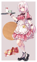 Rule 34 | 1girl, apron, black bow, black footwear, blush, bow, breasts, cup, drinking glass, eyebrows hidden by hair, food, frilled apron, frilled skirt, frills, fruit, hair between eyes, hair ornament, hairclip, highres, holding, holding tray, kneehighs, long hair, medium breasts, nijisanji, parted lips, pink hair, pleated skirt, puffy short sleeves, puffy sleeves, red eyes, red shirt, red skirt, shiina yuika, shirt, shoes, short sleeves, skirt, skirt hold, socks, solo, spoon, strawberry, striped bow, striped clothes, striped shirt, tray, twitter username, uniform, vertical-striped clothes, vertical-striped shirt, very long hair, virtual youtuber, waist apron, waitress, white apron, white socks, yuuri nayuta