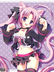 Rule 34 | 1girl, :d, ahoge, animal ears, animal print, bad id, bad pixiv id, bell, black bow, black jacket, black skirt, black thighhighs, blush, bow, breasts, cat ears, cat print, cat tail, choker, cleavage, collarbone, cross-laced clothes, fang, frilled skirt, frills, hair bow, head tilt, jacket, jingle bell, kerberos blade, long hair, long sleeves, midriff, navel, open clothes, open jacket, open mouth, paw pose, pink bow, pink hair, purple eyes, simple background, skirt, smile, solo, stomach, tail, thighhighs, twintails, very long hair, yuyumatsu, zettai ryouiki