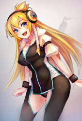 Rule 34 | 1girl, blonde hair, blue eyes, borrowed character, breasts, contrapposto, cowboy shot, fur trim, headphones, highres, long hair, looking at viewer, open mouth, original, short sleeves, solo, standing, taishi (picchiridou), very long hair