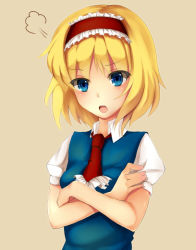 Rule 34 | 1girl, puff of air, alice margatroid, angry, ascot, blonde hair, blue eyes, blue shirt, blush, breasts, crossed arms, female focus, hairband, highres, lolita hairband, looking at viewer, mono (sunegey), necktie, open mouth, puffy short sleeves, puffy sleeves, shirt, short hair, short sleeves, small breasts, solo, touhou, upper body