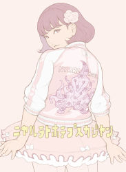 Rule 34 | 1girl, blunt bangs, bob cut, bow, catcar0983, cthulhu mythos, flower, frilled skirt, frills, from behind, hair flower, hair ornament, jacket, lips, looking at viewer, looking back, nyarlathotep, original, pale color, pink theme, short hair, skirt, solo, sukajan