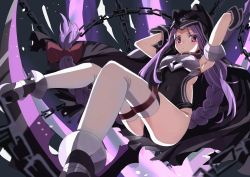 Rule 34 | 1girl, absurdres, armpits, ass, black cape, blush, cape, chain, cloak, fate/grand order, fate (series), harpe, highres, holding, holding weapon, hood, hooded cloak, kosuda, long hair, looking at viewer, medusa (fate), medusa (lancer) (fate), purple eyes, purple hair, rider, solo, thighhighs, very long hair, weapon, white thighhighs