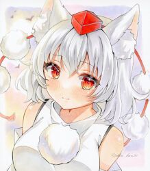 Rule 34 | 1girl, animal ear fluff, animal ears, bare shoulders, blush, breasts, closed mouth, grey hair, hat, highres, inubashiri momiji, looking at viewer, medium breasts, pom pom (clothes), red eyes, red hat, shin kun30, short hair, smile, solo, tokin hat, touhou, twitter username, upper body, wolf ears, wolf girl