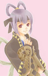 Rule 34 | armor, fingerless gloves, gensou suikoden, gensou suikoden v, gloves, headband, miakis (suikoden), purple eyes, purple hair, smile, solo, yucke