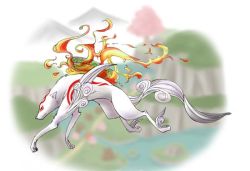 Rule 34 | amaterasu (ookami), animal, bodypaint, cherry blossoms, chitose kiiro, cliff, field, fire, fire, full body, markings, mirror, no humans, ookami (game), outdoors, plant, solo, tree, wolf