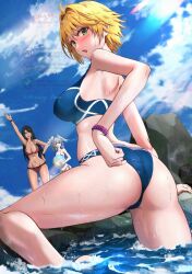 3girls alternate_costume ass bikini black_hair blonde_hair blue_bikini breasts butt_crack cleavage dark-skinned_female dark_skin fiora_(xenoblade) green_eyes grey_hair head_wings highres looking_at_viewer looking_back melia_antiqua mercury_xeno multiple_girls outdoors red_bikini sharla_(xenoblade) swimsuit water wings xenoblade_chronicles_(series) xenoblade_chronicles_1