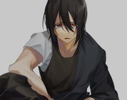 Rule 34 | 1boy, akagiasami, asymmetrical clothes, black hair, en&#039;en no shouboutai, grey background, hair between eyes, layered clothes, looking at viewer, male focus, mismatched pupils, parted lips, red eyes, shinmon benimaru, simple background, solo, upper body