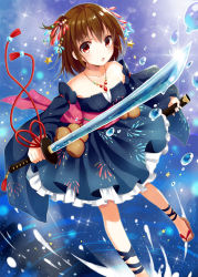 Rule 34 | 1girl, bare shoulders, brown hair, collarbone, detached sleeves, geta, hair ornament, highres, holding, jewelry, katana, lolita fashion, looking at viewer, necklace, open mouth, original, red eyes, solo, sword, wa lolita, weapon, yon (letter)