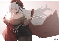 Rule 34 | 1girl, aran sweater, azur lane, bare shoulders, belfast (azur lane), belfast (shopping with the head maid) (azur lane), beret, black pantyhose, black skirt, blue eyes, breasts, brown sweater, cable knit, cleavage, collarbone, cowboy shot, earrings, floating hair, food, hat, highres, holding, holding food, holding pocky, hoop earrings, huge breasts, jewelry, long hair, looking at viewer, off-shoulder sweater, off shoulder, official alternate costume, oregano (olgn eao), pantyhose, pencil skirt, pocky, red hat, red shawl, shawl, signature, simple background, skirt, smile, solo, sweater, very long hair, white background, white hair