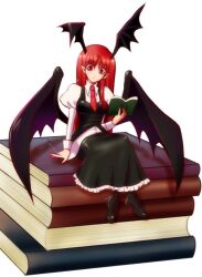 Rule 34 | 1girl, bat wings, between fingers, black footwear, black skirt, black vest, book, book stack, breasts, closed mouth, collared shirt, cross-laced footwear, dress shirt, frilled skirt, frills, full body, head tilt, head wings, highres, holding, holding book, juliet sleeves, koakuma, large head wings, large wings, long hair, long skirt, long sleeves, medium breasts, mini person, minigirl, narumi yuzurai, necktie, open book, pointy ears, puffy sleeves, reading, red eyes, red hair, red necktie, shirt, simple background, sitting, sitting on books, skirt, skirt set, solo, touhou, very long hair, vest, white background, white shirt, wings