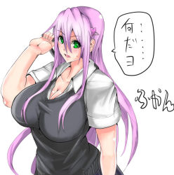 Rule 34 | 1girl, blush, breasts, cleavage, collared shirt, cup-chan, female focus, green eyes, hair between eyes, hair ornament, hand up, holding, large breasts, light blush, long hair, looking at viewer, open mouth, pink hair, shirt, short sleeves, simple background, solo, speech bubble, sweatdrop, upper body, white background