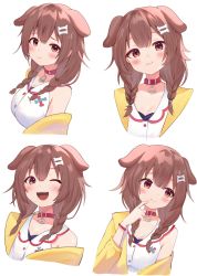 Rule 34 | 1girl, ;d, animal ears, blush, bone hair ornament, braid, brown eyes, brown hair, closed mouth, collar, dog ears, hair ornament, highres, hololive, inugami korone, inugami korone (1st costume), jacket, long hair, long sleeves, looking at viewer, multiple views, one eye closed, open clothes, open jacket, open mouth, red collar, ruka tou, shirt, simple background, smile, twin braids, virtual youtuber, white background, white shirt, yellow jacket