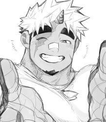 Rule 34 | 1boy, akiha gongen (housamo), bandaid, bandaid on face, bandaid on nose, bara, dog tags, facial hair, goatee, greyscale, grin, happy aura, highres, hokke (ynukk 523), horns, huge eyebrows, looking at viewer, male focus, monochrome, multicolored hair, muscular, muscular male, one eye closed, outstretched arms, portrait, reaching, reaching towards viewer, shirt, short hair, sideburns, single horn, smile, solo, t-shirt, tokyo houkago summoners, two-tone hair