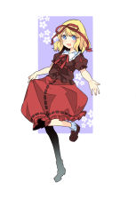 Rule 34 | 1girl, :d, blonde hair, blue eyes, blush, bobby socks, brown shirt, clothes pull, full body, hair ribbon, haya taro pochi, leg up, loafers, looking at viewer, medicine melancholy, neck ribbon, open mouth, puffy short sleeves, puffy sleeves, pulling own clothes, red ribbon, red skirt, ribbon, shirt, shoes, short hair, short sleeves, skirt, skirt pull, smile, socks, solo, touhou, white socks