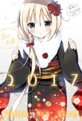 Rule 34 | 1girl, :o, black kimono, blonde hair, blue eyes, blush, bow, braid, commentary request, egasumi, floral print, flower, fur collar, gradient background, gradient kimono, grey background, hair bow, hair flower, hair ornament, happy new year, head tilt, japanese clothes, kimono, long hair, long sleeves, looking at viewer, new year, obi, original, parted lips, pinching sleeves, print kimono, red bow, red flower, sash, side braid, signature, simple background, solo, sparkle, tia-chan, translation request, uchuuneko, very long hair, white background, wide sleeves