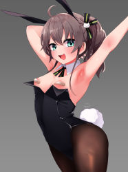 Rule 34 | 1girl, ahoge, animal ears, armpits, bandaid, bandaids on nipples, black bow, black bowtie, black leotard, black pantyhose, black ribbon, blue eyes, bow, bowtie, breasts, brown hair, cat hair ornament, covered erect nipples, cowboy shot, detached collar, festa11307070, grey background, hair between eyes, hair ornament, hair ribbon, hololive, large areolae, leotard, long hair, looking at viewer, natsuiro matsuri, pantyhose, pasties, playboy bunny, rabbit ears, rabbit tail, ribbon, side ponytail, simple background, small breasts, smile, solo, strapless, strapless leotard, tail, virtual youtuber, wrist cuffs