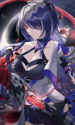 Rule 34 | 1girl, absurdres, acheron (honkai: star rail), armor, black choker, black gloves, black hole, black shorts, blood, bloody tears, breasts, bright pupils, choker, cleavage, coat, cowboy shot, criss-cross halter, electricity, eyes visible through hair, falling petals, gloves, hair ornament, hair over one eye, hal aluha, halterneck, highres, holding, holding sword, holding weapon, honkai: star rail, honkai (series), katana, large breasts, looking at viewer, multicolored hair, petals, purple eyes, purple hair, red eyes, scabbard, sheath, shorts, shoulder armor, single bare shoulder, single glove, solo, streaked hair, sword, unsheathing, water drop, weapon, white coat, white pupils
