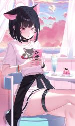 Rule 34 | 1girl, absurdres, aqua74286, belt, black choker, black hair, blue archive, blue sky, cellphone, chair, choker, clothes around waist, colored inner hair, commentary request, crossed legs, drink, feet out of frame, food, highres, holding, holding phone, jacket, jacket around waist, jewelry, kazusa (band) (blue archive), kazusa (blue archive), looking at viewer, mask, mask pull, mouth mask, multicolored hair, multiple rings, multiple wristbands, parted lips, phone, pink clouds, pink eyes, pink hair, pink shirt, pink skirt, pleated skirt, print shirt, pudding, ring, shirt, short hair, short sleeves, sitting, skirt, sky, smartphone, solo, thigh belt, thigh strap, water