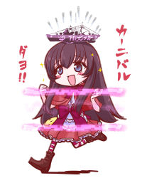 Rule 34 | 10s, 1girl, aoki hagane no arpeggio, blue eyes, boots, brown hair, capelet, chibi, dress, long hair, maya (aoki hagane no arpeggio), nyoron (fudegatana), open mouth, personification, ribbon, smile, solo, striped, thighhighs