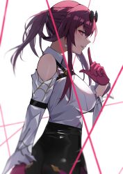 1girl absurdres animal_ears black_gloves black_shorts breasts eyewear_on_head from_side gloves highleg_shorts highres honkai:_star_rail honkai_(series) kafka_(honkai:_star_rail) large_breasts long_sleeves medium_hair parted_lips petchi1999 purple_eyes purple_gloves purple_hair round_eyewear shirt shorts simple_background solo upper_body white_background white_shirt