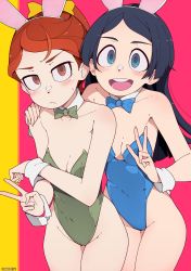 Rule 34 | 2girls, absurdres, animal ears, bad id, bad pixiv id, barbara parker, bare shoulders, black hair, blue bow, blue bowtie, blue eyes, blue suit, blush, bow, bowtie, closed mouth, detached collar, fake animal ears, formal, frown, green bow, green bowtie, green suit, hand on another&#039;s shoulder, hannah england, highres, leotard, little witch academia, long hair, looking at viewer, multiple girls, once 11h, open mouth, pink background, playboy bunny, rabbit ears, red eyes, red hair, simple background, smile, suit, teeth, thighs, upper body, upper teeth only, v, wrist cuffs