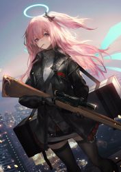 Rule 34 | 1girl, ambriel (arknights), arknights, black choker, black gloves, black jacket, black thighhighs, bolt action, case, choker, cityscape, day, dutch angle, food, gloves, grey shirt, gun, hair ornament, hairclip, halo, highres, holding, holding gun, holding weapon, jacket, lee-enfield, long hair, long sleeves, looking away, miniskirt, mouth hold, one side up, open clothes, open jacket, outdoors, pink hair, pocky, purple eyes, rifle, rooftop, scope, shirataki jiro, shirt, skirt, sniper rifle, solo, standing, strap, thighhighs, weapon, wings, zettai ryouiki