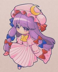 Rule 34 | 1girl, absurdres, blue bow, bow, closed mouth, commentary, crescent, crescent hat ornament, dress, full body, hair bow, hat, hat ornament, highres, long hair, mob cap, patchouli knowledge, pink dress, pink hat, purple eyes, purple hair, red bow, rom (kochirasama), sleeves past fingers, sleeves past wrists, solo, striped clothes, striped dress, symbol-only commentary, touhou, vertical-striped clothes, vertical-striped dress