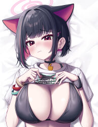 Rule 34 | 1girl, absurdres, animal ears, bed sheet, bikini, black bikini, black choker, black hair, blue archive, blush, breasts, cat ears, choker, cleavage, closed mouth, colored inner hair, commentary, cropped, dated commentary, extra ears, hair ornament, hairclip, halo, highres, kazusa (band) (blue archive), kazusa (blue archive), large breasts, looking at viewer, lying, metaljelly, multicolored hair, on back, pink hair, pink halo, red eyes, shirt, short hair, short sleeves, solo, swimsuit, upper body, white shirt