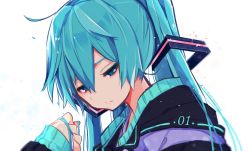 Rule 34 | 1girl, ahoge, aqua eyes, aqua hair, aqua nails, commentary, expressionless, hair ornament, half-closed eyes, hand up, hatsune miku, highres, holding, holding own hair, jacket, long hair, looking down, nail polish, number print, portrait, solo, track jacket, twintails, twitter username, very long hair, vocaloid, wanaxtuco, white background