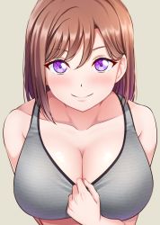 Rule 34 | 1girl, arm behind back, bare arms, bare shoulders, blush, bob cut, bra, bra pull, breasts, brown hair, cleavage, closed mouth, clothes pull, collarbone, from above, grey bra, hair between eyes, highres, large breasts, long hair, looking at viewer, mibushiro, original, pinstripe pattern, purple eyes, shiny skin, simple background, sleeveless, smile, sports bra, sports bra pull, striped, underwear, upper body, upturned eyes