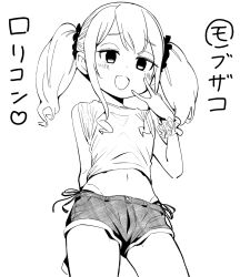 1girl commentary_request crop_top flat_chest from_below highres looking_at_viewer medium_hair mesugaki monochrome navel nikumaru open_mouth original panties panty_straps scrunchie short_shorts shorts side-tie_panties sidelocks smile smug solo translation_request twintails underwear wrist_scrunchie