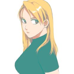Rule 34 | 1girl, black shirt, blonde hair, breasts, brown eyes, close-up, earrings, expressionless, eyelashes, female focus, fullmetal alchemist, highres, jewelry, long hair, looking at viewer, looking away, ozaki (tsukiko3), riza hawkeye, shaded face, shirt, simple background, solo, standing, upper body, white background