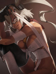 Rule 34 | 10s, 1girl, :p, amino (tn7135), bandages, black gloves, black nails, blonde hair, bottomless, breasts, brown eyes, budget sarashi, capelet, cleavage, collar, convenient censoring, dark skin, dark-skinned female, film grain, fingerless gloves, glasses, gloves, hair between eyes, headgear, kantai collection, knees up, large breasts, lips, looking at viewer, musashi (kancolle), nail polish, no panties, pointy hair, red eyes, sarashi, semi-rimless eyewear, short hair with long locks, single thighhigh, sitting, smile, solo, thighhighs, tongue, tongue out, twintails, two side up, under-rim eyewear, underboob