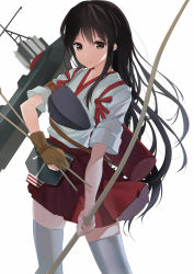 Rule 34 | 10s, 1girl, akagi (kancolle), arrow (projectile), bow (weapon), brown eyes, brown hair, gloves, highres, holding, holding weapon, japanese clothes, kantai collection, long hair, single glove, solo, u.n.k., weapon, white background