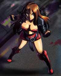Rule 34 | 1girl, belt, blaze fielding, boots, brown eyes, brown hair, can, earrings, fighting stance, from above, full body, gloves, grin, hair between eyes, highres, jacket, jewelry, leather, leather jacket, legs, lipstick, long hair, looking at viewer, makeup, navel, night, road, sega, shiny skin, smile, solo, standing, street, streets of rage, water, water reflection