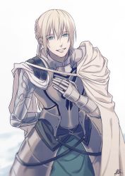 Rule 34 | 1boy, androgynous, arm behind back, armor, bedivere (fate), blonde hair, blue eyes, bowing, braid, cape, crown braid, fate/grand order, fate/stay night, fate (series), half-closed eyes, long hair, male focus, oui lion, signature, simple background, smile, solo, white cape