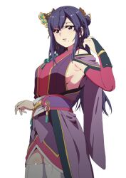 Rule 34 | 1girl, arm up, blush, breasts, butterfly hair ornament, cleavage, detached sleeves, eyelashes, hahawaho, hair ornament, japanese clothes, kimono, lips, lipstick, long bangs, long hair, makeup, mole, mole under mouth, nouhime, nouhime (sengoku musou), obi, purple eyes, purple hair, sash, sengoku musou, shiny skin, sideboob, swept bangs, thighhighs, thighs, white thighhighs