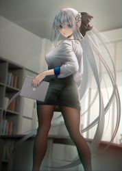 Rule 34 | 1girl, absurdres, ass, black bow, black skirt, blue eyes, bow, braid, breasts, brown pantyhose, collared shirt, dress shirt, fate/grand order, fate (series), french braid, grey hair, hair bow, highres, large breasts, long hair, long sleeves, looking at viewer, looking back, morgan le fay (chaldea satellite station) (fate), morgan le fay (fate), nail polish, nanaken nana, office lady, open mouth, pantyhose, pencil skirt, ponytail, shirt, sidelocks, skirt, tablet pc, thighs, very long hair, white shirt