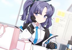 Rule 34 | 1girl, absurdres, black gloves, blue archive, blue necktie, blurry, blurry background, box, cheek rest, closed mouth, collared shirt, cup, gift, gift box, gloves, halo, heart, highres, holding, holding pen, indoors, long hair, long sleeves, narynn, necktie, off shoulder, parted bangs, pen, purple eyes, purple hair, shirt, smile, solo, white shirt, yuuka (blue archive)