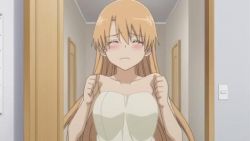 Rule 34 | 1girl, animated, animated gif, blonde hair, blush, breasts, cleavage, close-up, covering privates, covering breasts, indoors, kiryuu yuuzuki, kissxsis, large breasts, long hair, no nipples, nude, solo, standing, teacher, towel, towel slip, upper body